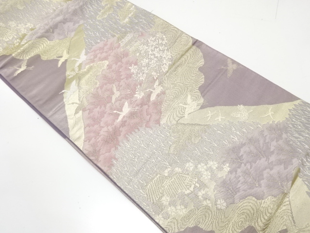 アンティーク　遠山に群鶴・寺院模様織り出し袋帯（着用可）